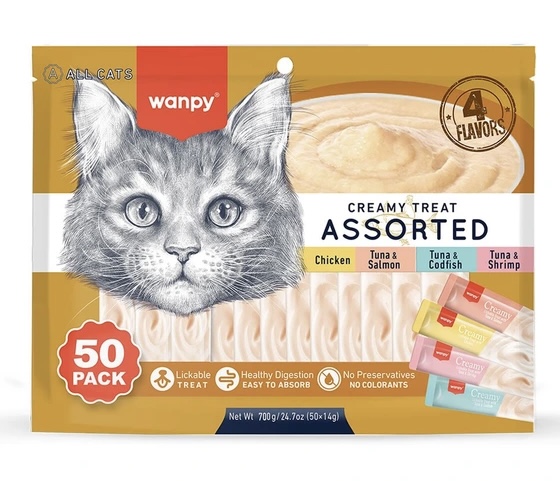 بستنی گربه ونپی با طعم میکس سفارش اروپا ۴ طعم بسته ۵۰ عددی Wanpy Cat Treats Assorted Mix Pack